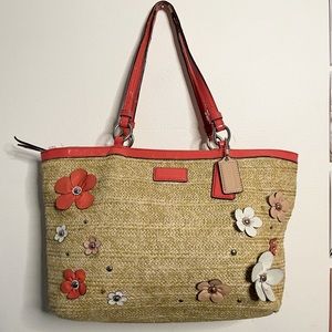 Coach - Woven Straw Floral Pink Raffia Tote Bag